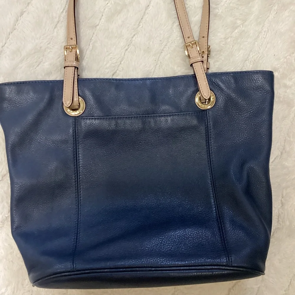 Michael Kors Navy Leather Tote with Tan Straps and Gold Charm - Picture 6 of 11